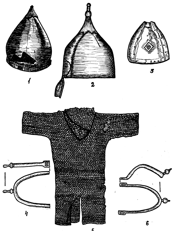  Шоломи, кольчуга та шпори: 1 – Луцьк; 2 – Дорогобуж; 3 – Мокре; 4 – Городище-2;