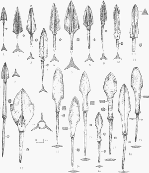 Трехлопастные (1-12), плоские килевидные (13-19) наконечники стрел