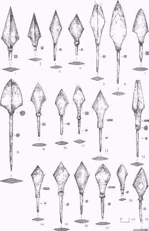 Клиновидные (1,2), ромбические (3,4), ромбовидные (5-18) наконечники стрел.