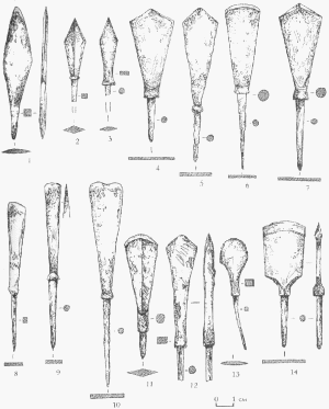 Ромбовидные (1-4) наконечники стрел. 5-14 - срезни.