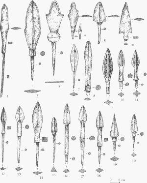 1 - листовидный с рямоугольным остриём, пламевидные (2-4), 5 - треугольный, 6 - двушипный, бронебойные (15-19) наконечники стрел.