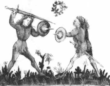 меч и баклер, средневековый рисунок, фреска, фехтование 