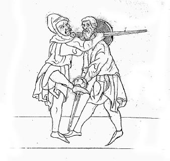 меч и баклер, средневековый рисунок, фреска, фехтование, прийом