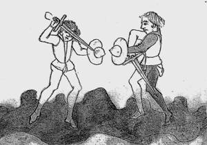 меч и баклер, средневековый рисунок, фреска, фехтование