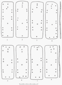 Рис. 5. Татарские могилки, могила №4, скелет-1. Панцирные пластины наспинника (реконструированный вид): 1-4 &ndash; 5 ряд; 5-8 &ndash; 6 ряд 