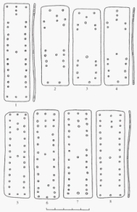 Рис. 6. Татарские могилки, могила №4, скелет-2. Панцирные пластины нагрудника (реконструированный вид): 1 - 1 ряд; 2-4 - 2 ряд; 5-8 - 3 ряд