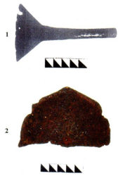 Детали шлемов «цзиньского типа» с Золотаревского городища, Пензенская обл. (Фото). 1 - Навершие найденное в раскопе Nq2 второго сектора Золотаревского городища 2 - Козырек найден на 1-м Золотаревском селище с восточной стороны крепости