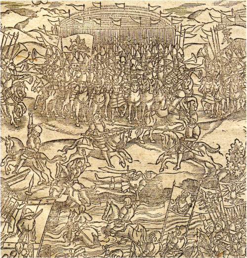 Большой полк московской армии под полковым знаменем с изображением Чуда Св. Георгия о змие, за которым реют знамена дворянских сотен, составлявших полки полевой русской армии второй пол. XVI - первой пол. XVII вв.