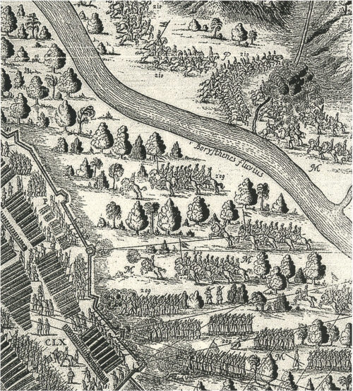 Сотни московской конницы, атакующие королевский лагерь под знамёнами с двумя &laquo;клинцами&raquo; или &laquo;хвостами&raquo; в 1633 г. Виллем Гондиус. &laquo;План осады Смоленска...&raquo;.