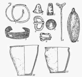 Культура длинных курганов (псковских). Инвентарь: 1 — височные кольца (проволока); 2, 3 — подвески; 4 — булавка; 5 — браслет; 6, 8 — пряжки; 7 — металлическая накладка; 9 — кресало блоковидное; 10, 11 — глиняные сосуды