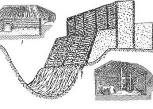 Роменско-боршевская культура. Реконструкции: 1 — жилая полуземлянка срубной конструкции; 2 — жилая полуземлянка столбовой конструкции; 3 — ров и оборонительный вал-стена