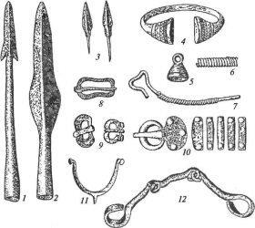 Тушемлинская культура. Инвентарь: 1,2 — наконечники копий; 3 — наконечники стрел; 4 — браслет; 5 — подвеска; 6 — спиральная пронизка; 7— шейная гривна (фрагмент); 9 — пряжки, 10— поясной набор; 11— шпора; 12 — удила