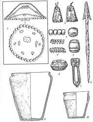 Культура сопок. Погребальная насыпь и инвентарь: 1 — схема-разрез и план основания сопки с несколькими ярусами погребений; 2 — подвески трапециевидные; 3,5— стеклянные бусы; 4 — спиральные пронизи; 6 — пряслице;7 — ременная накладка; 8 — наконечник копья; 9, 10 — глиняные сосуды