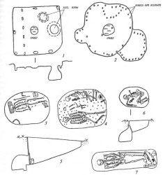 Салтово-маяцкая культура. Жилые постройки и погребения: 1 — план и разрез углубленной постройки с двумя хозяйственными ямами; 2 — план юрты; 3 — план индивидуального мужского погребения в катакомбе; 4 — план коллективного погребения в катакомбе; 5 — разрез входа в катакомбу; 6 — план женского индивидуального погребения в катакомбе и разрез входа; 7 — план мужского погребения в грунтовой яме