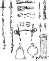 Салтово-маяцкая культура. Предметы вооружения и снаряжения всадника: 1,2 — палаши; 3 — боевые топоры; 4, 5 — наконечники стрел; 6 — наконечник копья; 7 — пряжки; 8 — удила с псалиями; 9, 10 — стремена; 11 — колчан {реконструкция)
