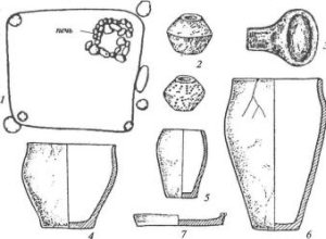Корчакская культура: 1 — план жилой постройки столбовой конструкции; 2 — пряслица; 3 — льячка; 4-6 — сосуды лепные кухонные; 7 — сковорода лепная