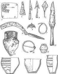 Лука-Райковецкая культура. Постройка и инвентарь: 1 — план жилой полуземлянки столбовой конструкции; 2 — кресало; 3-5 — наконечники стрел; 6 — подвеска; 7 — кольцо височное проволочное; 8 — серп; 9 — наральник; 10 — фибула подковообразная; 11 — пряслице глиняное; 12 — наконечник копья; 13-15 — глиняные сосуды