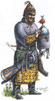 Монгольский сотник, середина XIII в. По материалам погребения у поселка Семеновод, Ставропольский край, и подлинной китайской ткани XIII в. ил собр. К. Рибу. Реконструкция и рисунок М.В. Горелика. 1993 г. (маска шлема по реконструкции Е.И. Паромного дополнена в 2010 г.