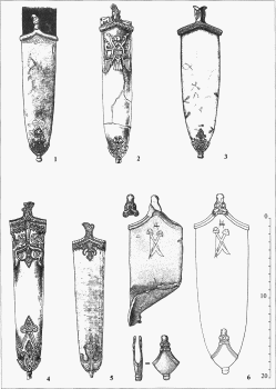 Высокие наконечники ножен мечей: 1 - Киев (Украина); 2 – Лиепенес Кримулдас (Латвия), 3 Трчиница (Польша), 4 – Путели Турайдос (Латвия), 5 — Граужяй (Литва), 6 - Окксарве (Швеция)