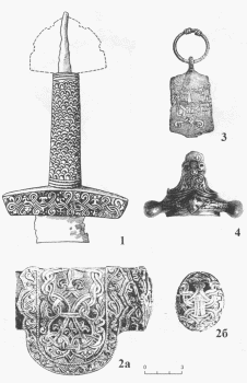 Предметы, орнаментированные в стилистике, характерной для «школы Б» (по P. С. Орлову): 1 – рукоять меча из Киева, 2 – сабля из Вены (а – деталь ножен, б – навершие сабли, вид сверху); 3 – подвеска со знаком Рюриковичей (Украина), 4 – перекрестие сабли из Гочева