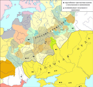 Карта распространения находок «крутобоко- куполовидных» шлемов и скульптурно оформленных наносников