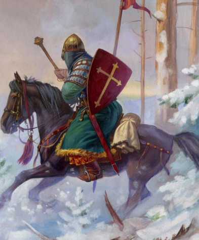 Русский дружинник в крутобоко-куполовидном шлеме