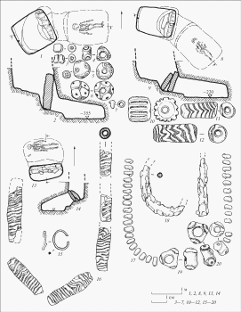 Малая Лепетиха, курганные 10. Погребение 1-3: 1-7 - захоронение 1; 8-12 - захоронение 2; 13-20 - захоронение 3. 3-7, 10, 12, 16, 17, 19, 20 - стекло; 15 - бронза; 18 - железо