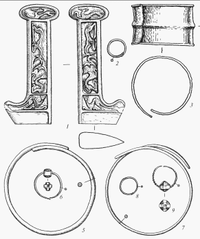 Мала Лепетиха, курган 10. Інвентар: 1–6 - поховання 4; 7–9 - поховання 5. 1 - золото/залізо; 2-5, 8 - золото; 6, 9 - золото/скло; 7 - срібло; 3, 4 - реконструкція
