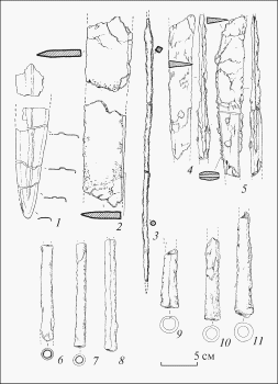 Малая Лепетиха, курган 10. Находки из погребения 4: 1 - эл; 2, 3, 6-11 - железо; 4, 5 - железо/кость