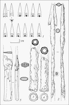 Малая Лепетиха, курган 10. Инвентарь погребения 5: 1 - бронза; 2-4 - железо; 5 - железо/кость