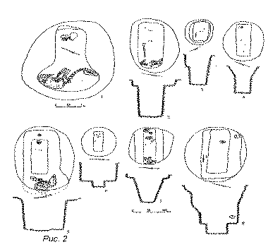 Планы погребений с человеческими останками. 1 - №3/343, 2 - №5/345, 3 -№9/349. 4 - №23/371, 5 - №35/413, 6 - №34/412, 7 - №32/380, 8 - №46/431