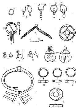 Украшения и личные вещи. 1,9 - погр. №6/346; 2 - погр.№8/348; 3 - погр №5/ 345; 4 - погр.№25/373; 5, 6 - погр.№41/425; 7, 13, 14, 16 - погр.№21/369; 8, 10-погр.№7/ 347; 11 - погр.№2/342; 12 - погр.№22/370; 15 - погр.№14/362.