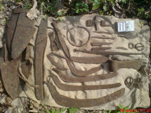 Детали плуга, тесло, наконечник копья, серпы и косы, железная шейная гривна, наконечник обоймица ножен и перекрестье сабли, обломки ножей, наконечник срелы, топорик и пряжки