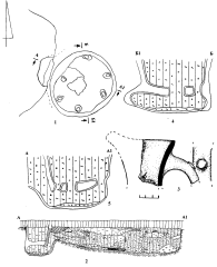 Сидорово 2000. Помещение 3.7 -  гончарный горн 1; 2 - разрез котлована помещения А-А1; 3 -подъемный материал; 4, 5 - разрезы горна Б-Б1 и А-А1.