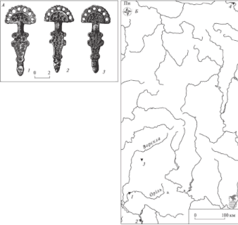 Находки фибул с каймой из птичьих голов, подтипа семиглавый, серии Б и варианта Майорки