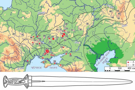 Распространение акинаков типа Чертомлык (A — погребения; B — случайные находки)