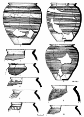 Сидоровское городище. Раскоп 7. Фрагменты горшков: 1, 9 – хоз. яма 1; 2-3 – хоз. яма 2; 4, 10 – хоз. яма 5; 5-6 – хоз. яма 8; 7-8 — хоз. яма 4.