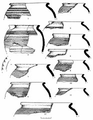 Сидоровское городище. Фрагмента горшков: 1, 4-8, 10-12 — раскоп 7, хоз. яма 8; 2 — раскоп 7, хоз. яма 5; 3 — раскоп 8, помещение 7.