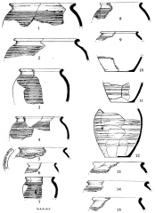 Сидоровское городище. Фрагмента горшков: 1-4, 8-11 — хоз. яма 1 на эскарпе памятника; 5, 7, 12 — раскоп 6, хоз. яма 1; б, 13-15 — раскоп 6, верхний слой.