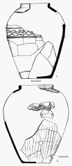 Сидоровское городище. Фрагменты пифосов. 1 &mdash; раскоп 12, помещение 11; 2 &mdash; раскоп 9, хоз. яма б, скопление 1.