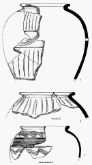 Фрагменты крупных сосудов: 1, 2 &mdash; раскоп 7, хоз. яма 4; 3 &mdash; раскоп 9, хоз. яма б, скопление 1.