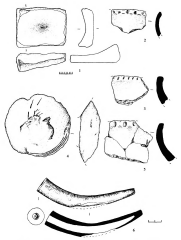 Раскопы 9-10. Каменная зернотерка (1), роговая заготовка (6) и фрагменты керамики: 1 &ndash; раскоп 9, помещение 10, яма; 2, 3, 5 &ndash; раскоп 9, слой; 4 &ndash; подъемный материал; б &ndash; раскоп 10, слой.