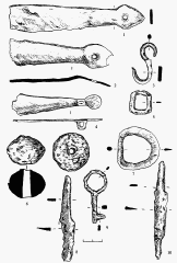Сидоровское городище. Железные предметы. 1-2 &mdash; раскоп 9, квадрат И 4; 3 &mdash; раскоп 12. помещение 11; 4 &mdash; раскоп 9, квадрат К-6; 5 &mdash; подъемный материал; 6.9, 10 &mdash; раскоп 6. помещение 5; 7 &mdash; раскоп 9, квадрат М-6; 8 &mdash; раскоп 6, хоз. яма 1.