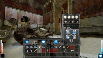 Окно персонажа, вызывется кнопкой Tab. Труп циклопа на заднем плане