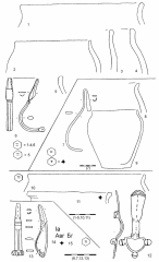 Древнеславянские трёхпальчатые фибулы.1-6 – Березец, жилище 2; 7-9 – Березец, Бакота, жилище 65; 10-12 – Березец, Теремцы, жилище 14; 13-15 – Березец, Бернашовка,жилище 20