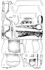 Древнеславянская железная фибула, топорик, наконечник стрелы.1-9 - Лука Каветчинская, жилище 27; 10-18 - Ботошана-Сучава, жилище 14.