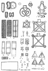 Славянсквя свастика, лунница, фибула, ременные пряжки и накладки, подвесные украшения.  Бернашовка, жилище 36.