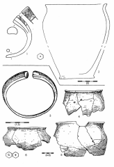 Славянский шестигранный браслет с неорнаментированными концами и уплощенными орнаментированными концами. 1, 2 -  Рашков III, жилище 67; 3-6 - Скибинцы, жилище 2.