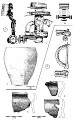 Славянские чудовищные фибулы. 1,2 - Прютцке, погребение 2; 3-6 - Бенцин, сооружение 1983 г.