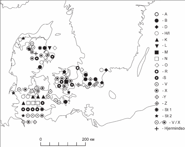 карта распространения мечей во времена викингов в Дании